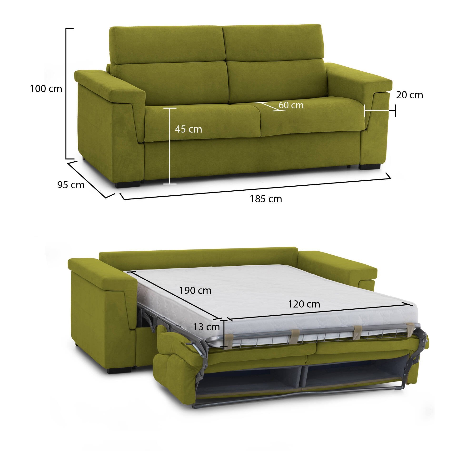 Divano letto 2 posti Tenna, Sofà trasformabile per salotto, imbottito, sfoderabile, Qualità 100% Made in Italy, 185x95 h100 cm, Verde