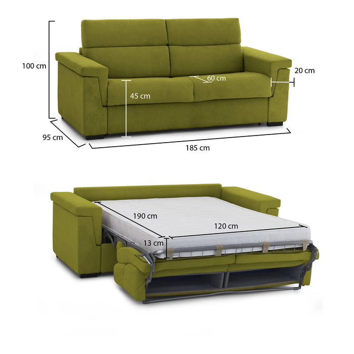 Divano letto 2 posti Tenna, Sofà trasformabile per salotto, imbottito, sfoderabile, Qualità 100% Made in Italy, 185x95 h100 cm, Verde