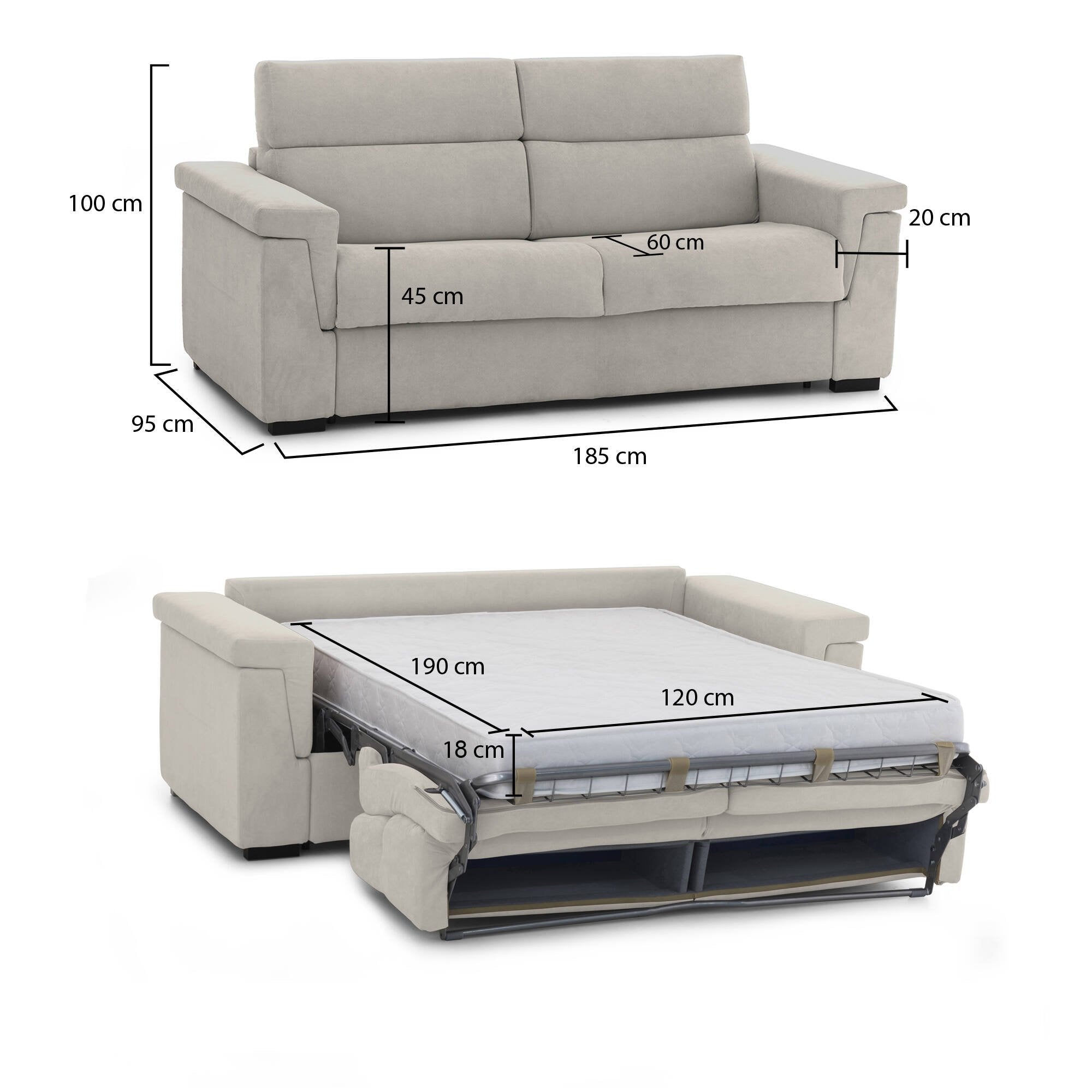 Divano letto 2 posti Rigolato, Sofà trasformabile per salotto, imbottito, sfoderabile, Qualità 100% Made in Italy, 185x95 h100 cm, Beige