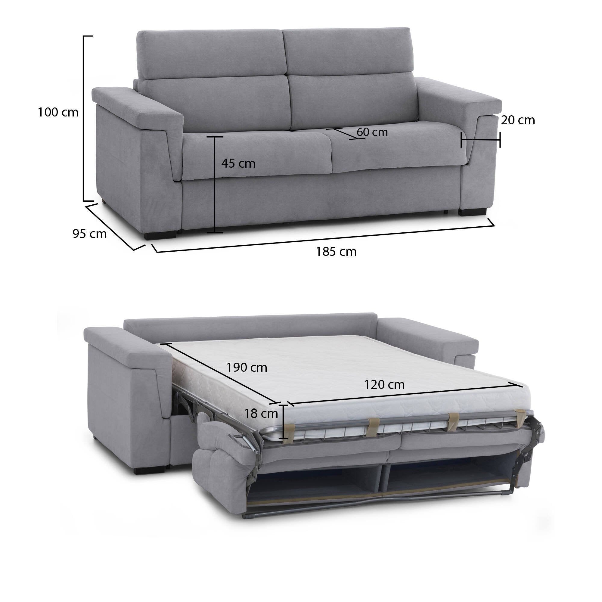 Divano letto 2 posti Rigolato, Sofà trasformabile per salotto, imbottito, sfoderabile, Qualità 100% Made in Italy, 185x95 h100 cm, Grigio