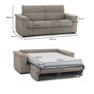 Divano letto 2 posti Rigolato, Sofà trasformabile per salotto, imbottito, sfoderabile, Qualità 100% Made in Italy, 185x95 h100 cm, Tortora