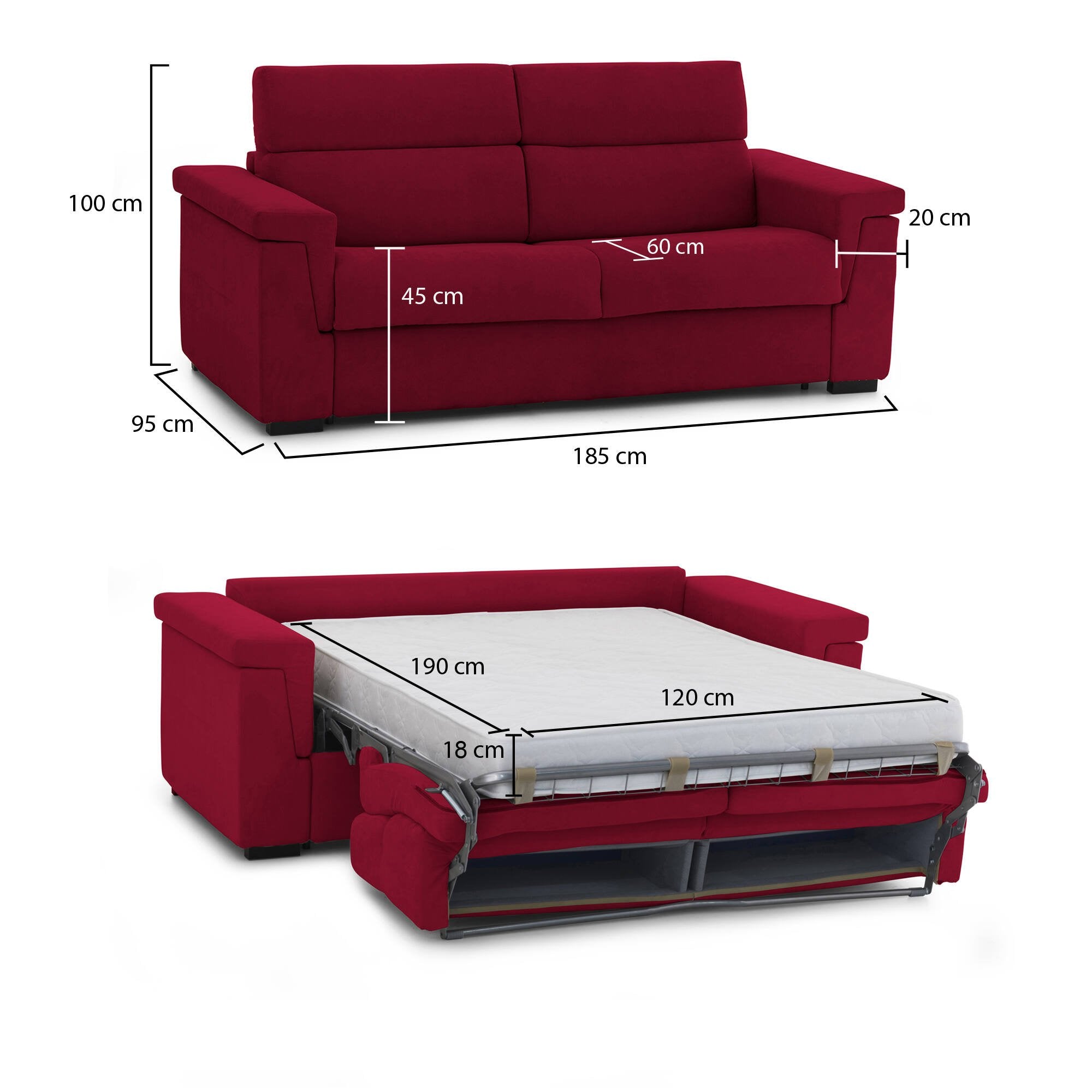Divano letto 2 posti Rigolato, Sofà trasformabile per salotto, imbottito, sfoderabile, Qualità 100% Made in Italy, 185x95 h100 cm, Rosso