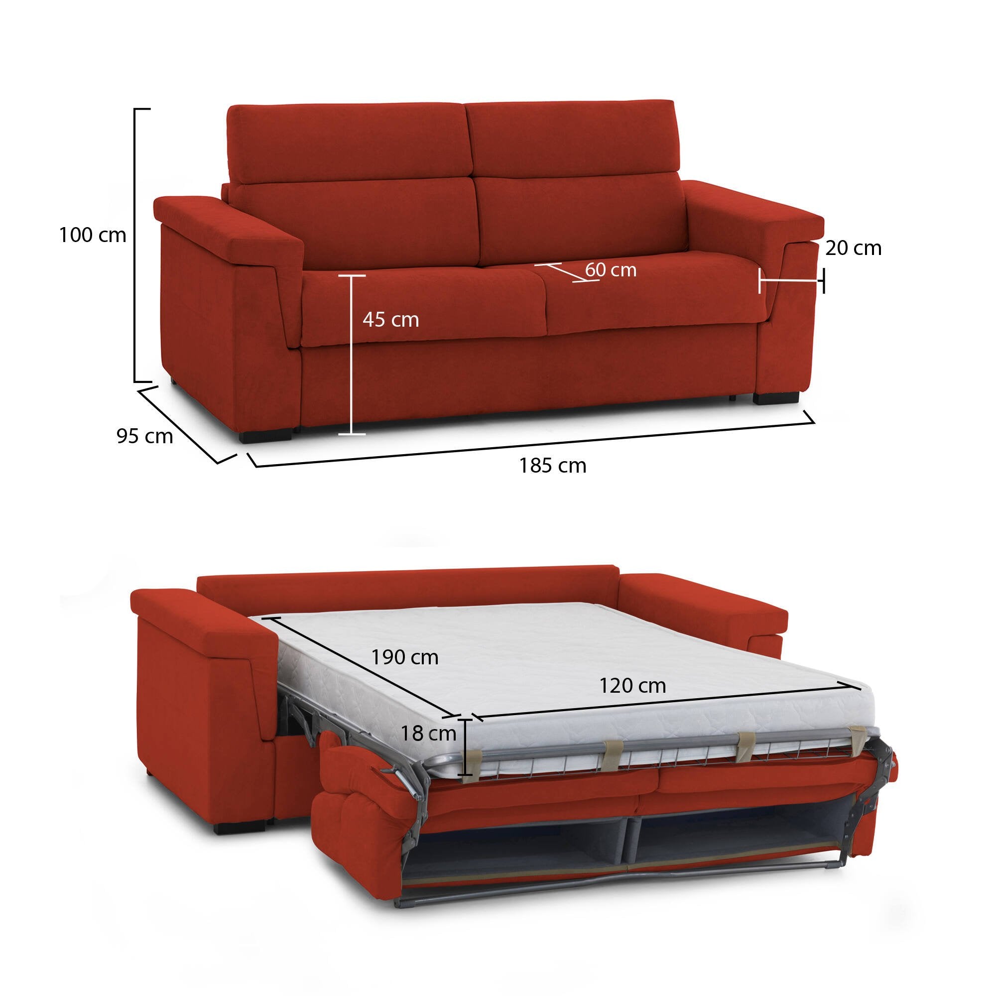 Divano letto 2 posti Rigolato, Sofà trasformabile per salotto, imbottito, sfoderabile, Qualità 100% Made in Italy, 185x95 h100 cm, Arancione