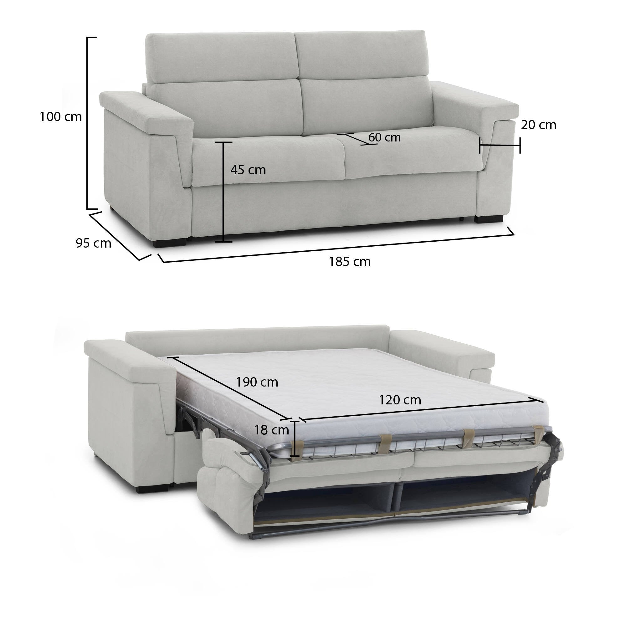 Divano letto 2 posti Rigolato, Sofà trasformabile per salotto, imbottito, sfoderabile, Qualità 100% Made in Italy, 185x95 h100 cm, Grigio chiaro