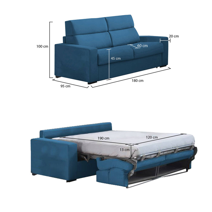 Divano letto 2 posti Casabona, Sofà trasformabile per salotto, imbottito, sfoderabile, Qualità 100% Made in Italy, 180x95 h100 cm, Blu