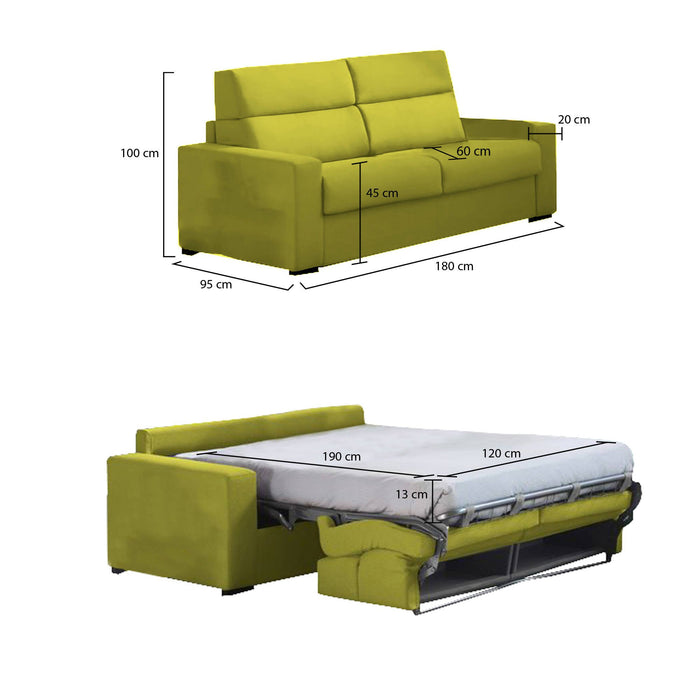 Divano letto 2 posti Casabona, Sofà trasformabile per salotto, imbottito, sfoderabile, Qualità 100% Made in Italy, 180x95 h100 cm, Verde