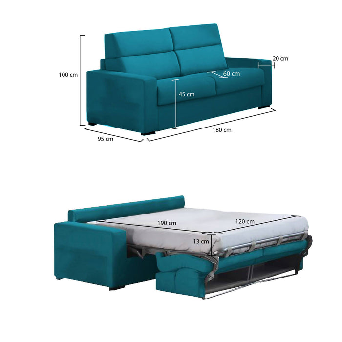 Divano letto 2 posti Casabona, Sofà trasformabile per salotto, imbottito, sfoderabile, Qualità 100% Made in Italy, 180x95 h100 cm, Azzurro