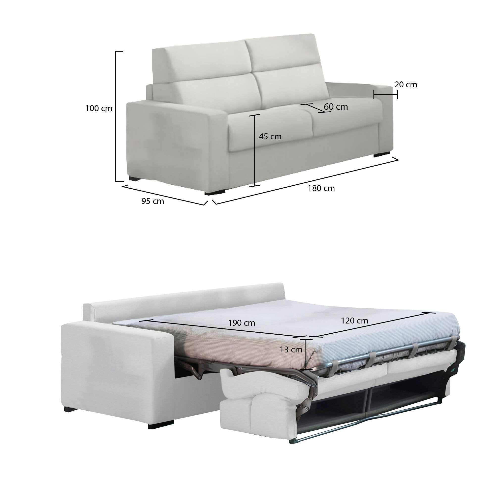 Divano letto 2 posti Casabona, Sofà trasformabile per salotto, imbottito, sfoderabile, Qualità 100% Made in Italy, 180x95 h100 cm, Grigio chiaro