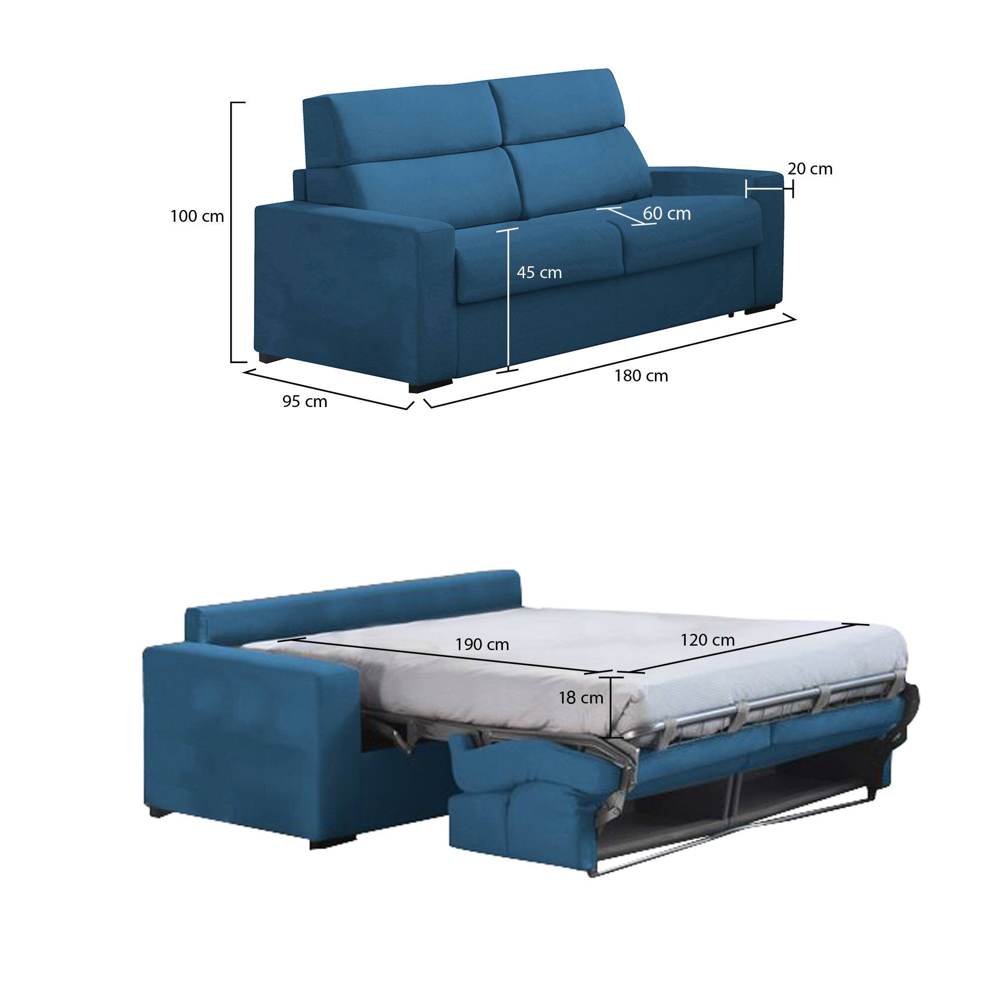 Divano letto 2 posti None, Sofà trasformabile per salotto, imbottito, sfoderabile, Qualità 100% Made in Italy, 180x95 h100 cm, Blu