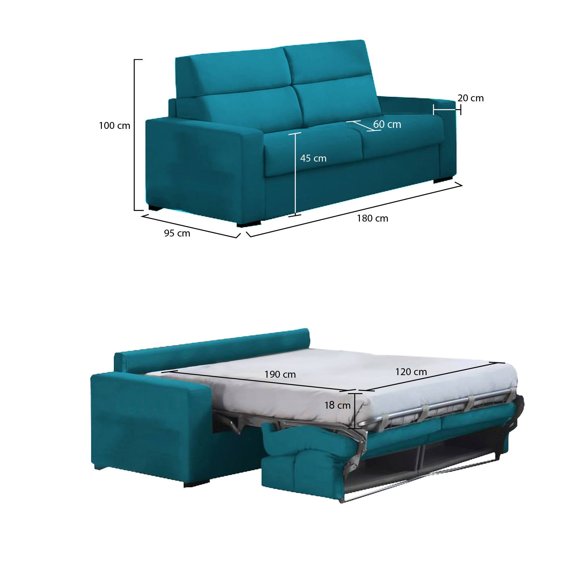 Divano letto 2 posti None, Sofà trasformabile per salotto, imbottito, sfoderabile, Qualità 100% Made in Italy, 180x95 h100 cm, Azzurro