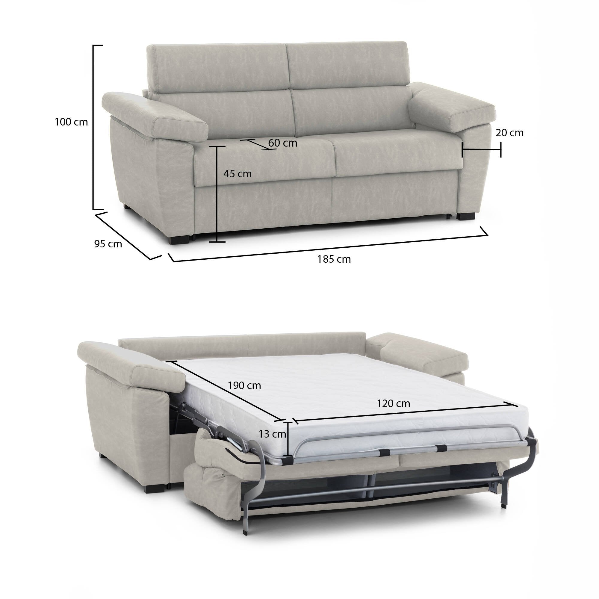 Divano letto 2 posti Seui, Sofà trasformabile per salotto, imbottito, sfoderabile, Qualità 100% Made in Italy, 185x95 h100 cm, Beige