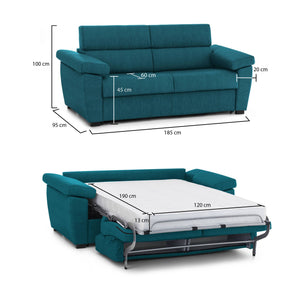 Divano letto 2 posti Seui, Sofà trasformabile per salotto, imbottito, sfoderabile, Qualità 100% Made in Italy, 185x95 h100 cm, Azzurro