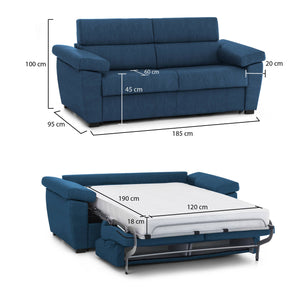Divano letto 2 posti Salorno, Sofà trasformabile per salotto, imbottito, sfoderabile, Qualità 100% Made in Italy, 185x95 h100 cm, Blu