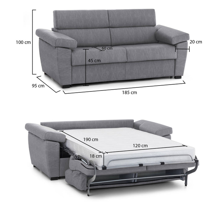 Divano letto 2 posti Salorno, Sofà trasformabile per salotto, imbottito, sfoderabile, Qualità 100% Made in Italy, 185x95 h100 cm, Grigio