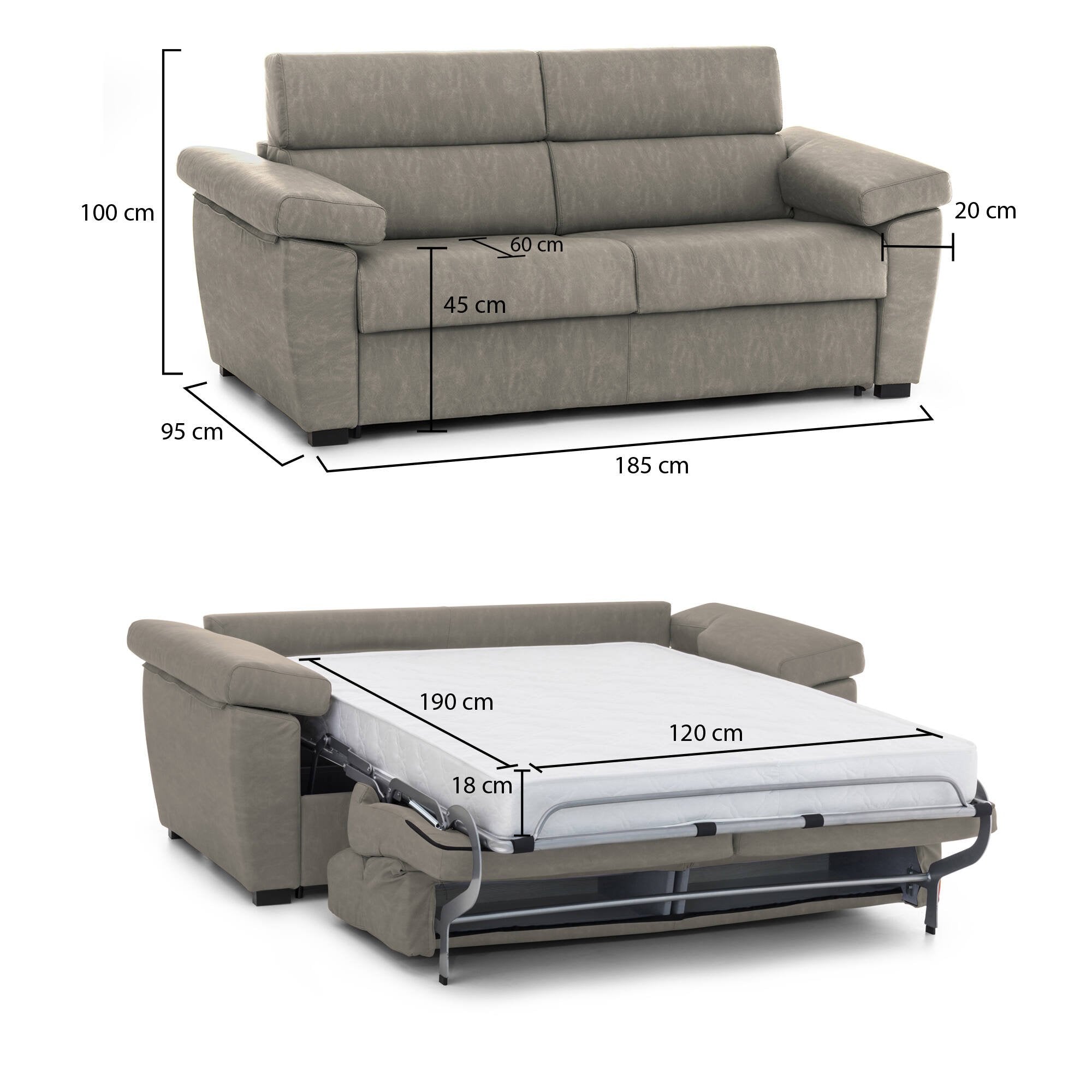 Divano letto 2 posti Salorno, Sofà trasformabile per salotto, imbottito, sfoderabile, Qualità 100% Made in Italy, 185x95 h100 cm, Tortora