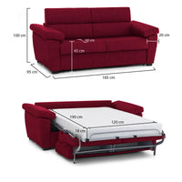Divano letto 2 posti Salorno, Sofà trasformabile per salotto, imbottito, sfoderabile, Qualità 100% Made in Italy, 185x95 h100 cm, Rosso