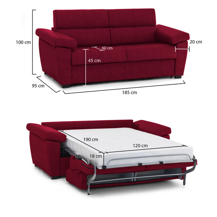 Divano letto 2 posti Salorno, Sofà trasformabile per salotto, imbottito, sfoderabile, Qualità 100% Made in Italy, 185x95 h100 cm, Rosso
