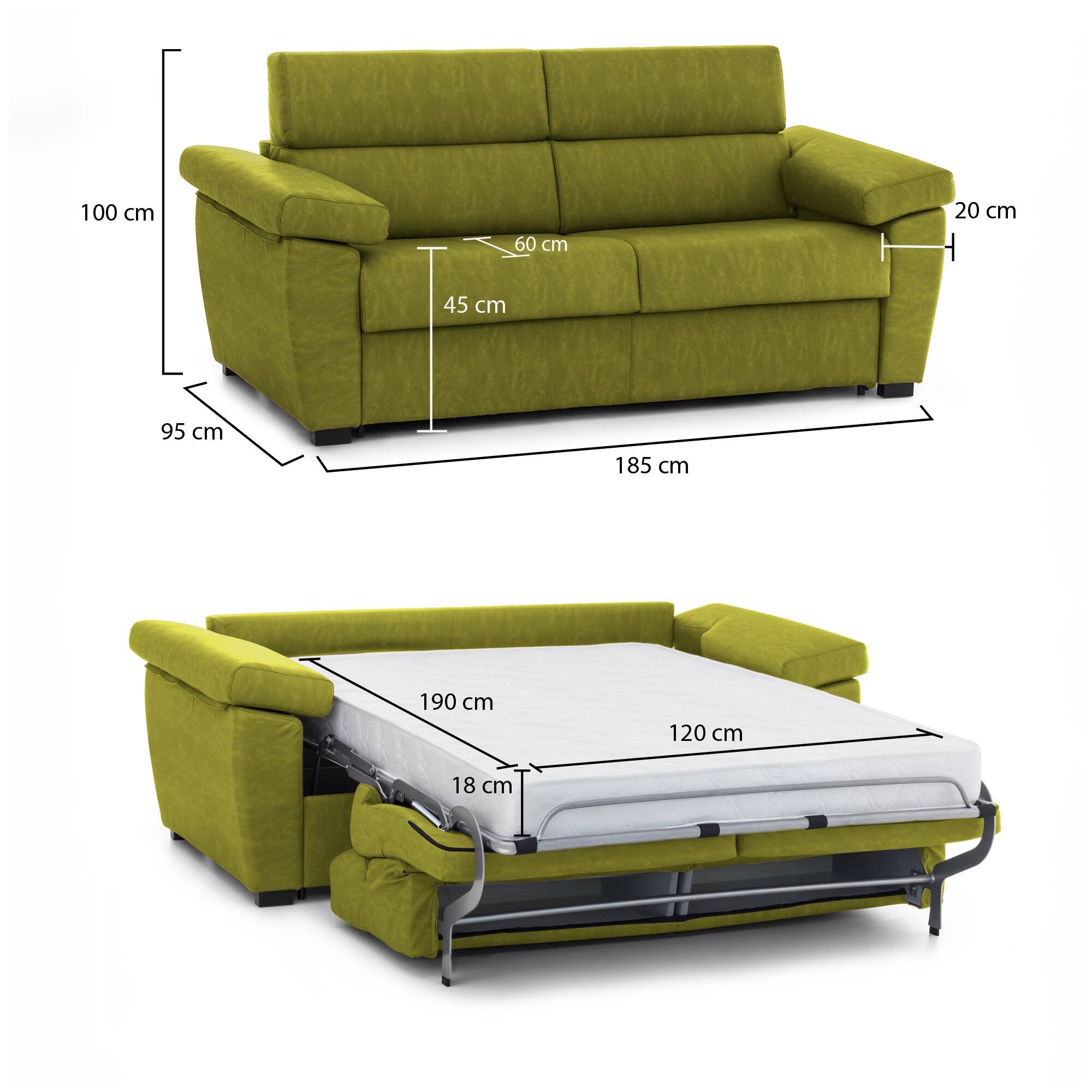 Divano letto 2 posti Salorno, Sofà trasformabile per salotto, imbottito, sfoderabile, Qualità 100% Made in Italy, 185x95 h100 cm, Verde