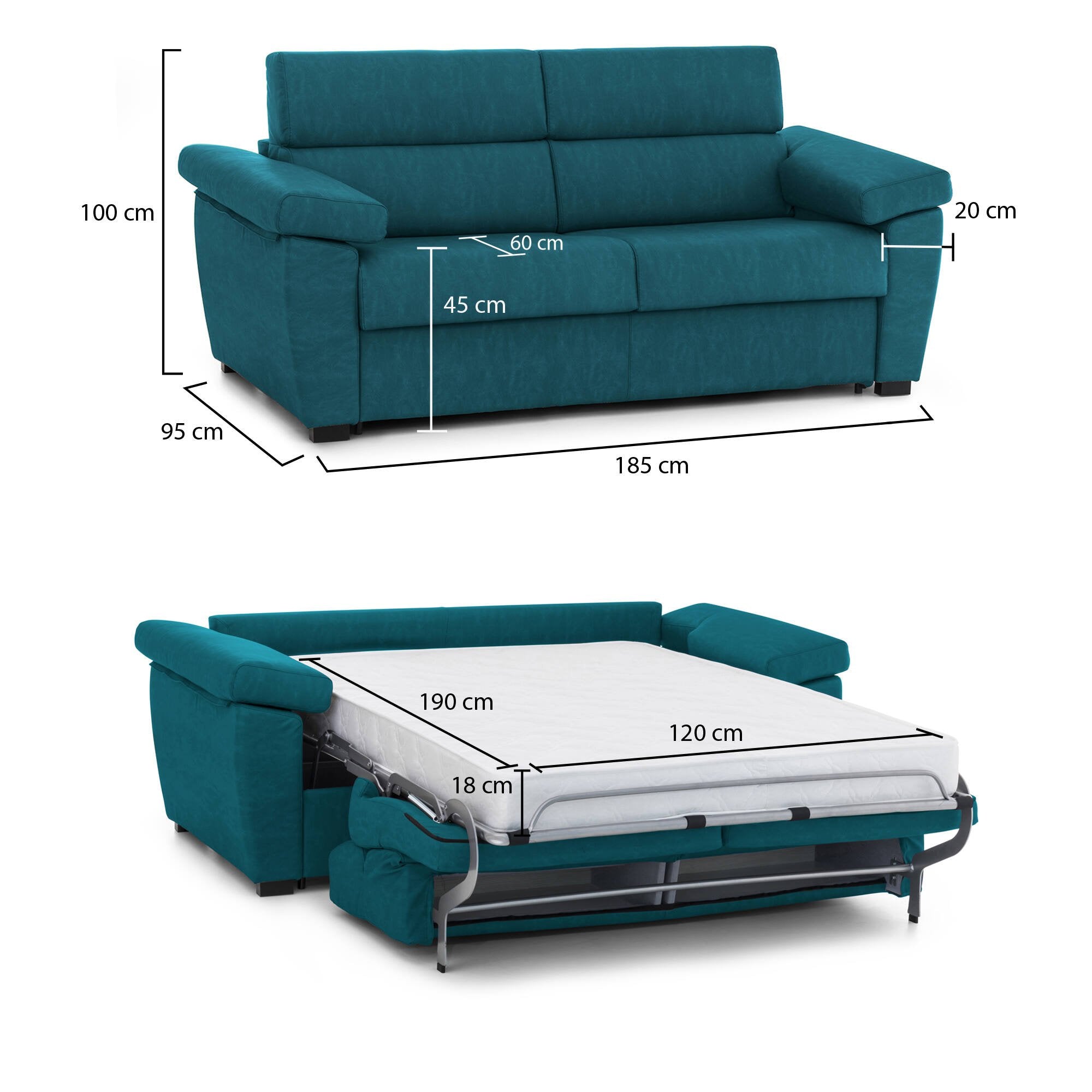 Divano letto 2 posti Salorno, Sofà trasformabile per salotto, imbottito, sfoderabile, Qualità 100% Made in Italy, 185x95 h100 cm, Azzurro