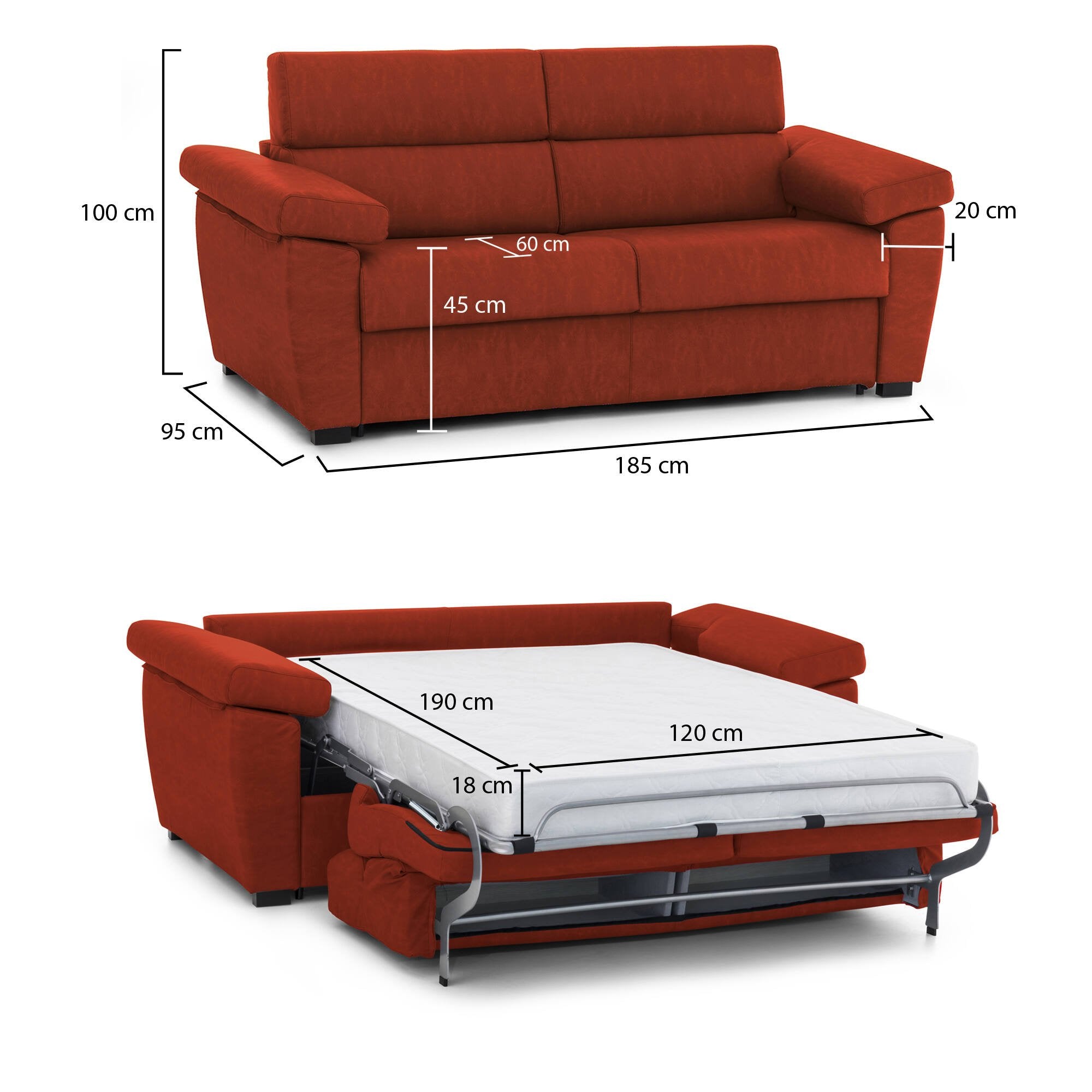 Divano letto 2 posti Salorno, Sofà trasformabile per salotto, imbottito, sfoderabile, Qualità 100% Made in Italy, 185x95 h100 cm, Arancione