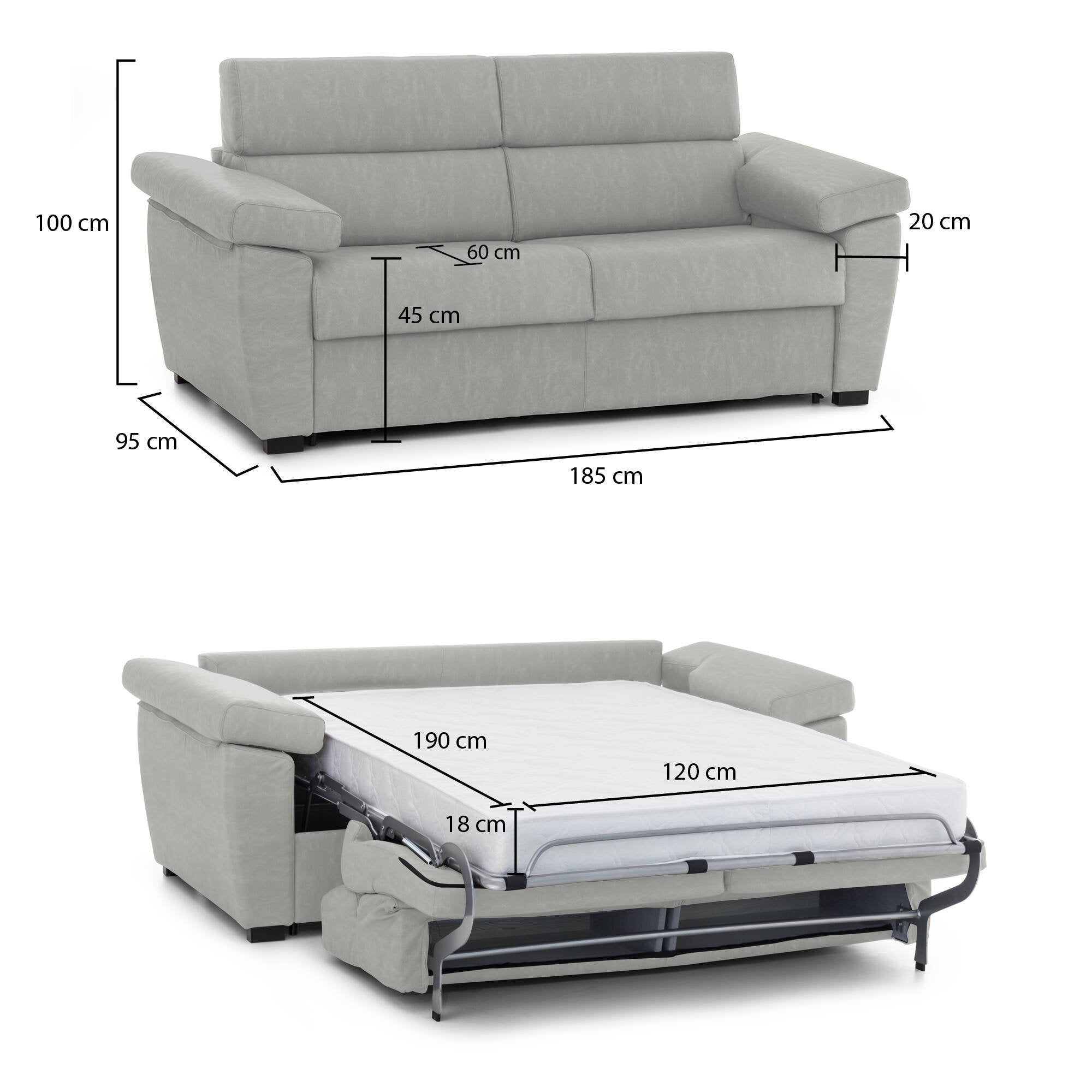 Divano letto 2 posti Salorno, Sofà trasformabile per salotto, imbottito, sfoderabile, Qualità 100% Made in Italy, 185x95 h100 cm, Grigio chiaro