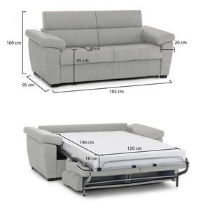 Divano letto 2 posti Salorno, Sofà trasformabile per salotto, imbottito, sfoderabile, Qualità 100% Made in Italy, 185x95 h100 cm, Grigio chiaro