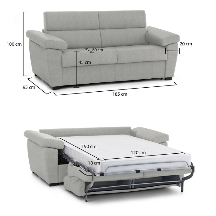 Divano letto 2 posti Salorno, Sofà trasformabile per salotto, imbottito, sfoderabile, Qualità 100% Made in Italy, 185x95 h100 cm, Grigio chiaro