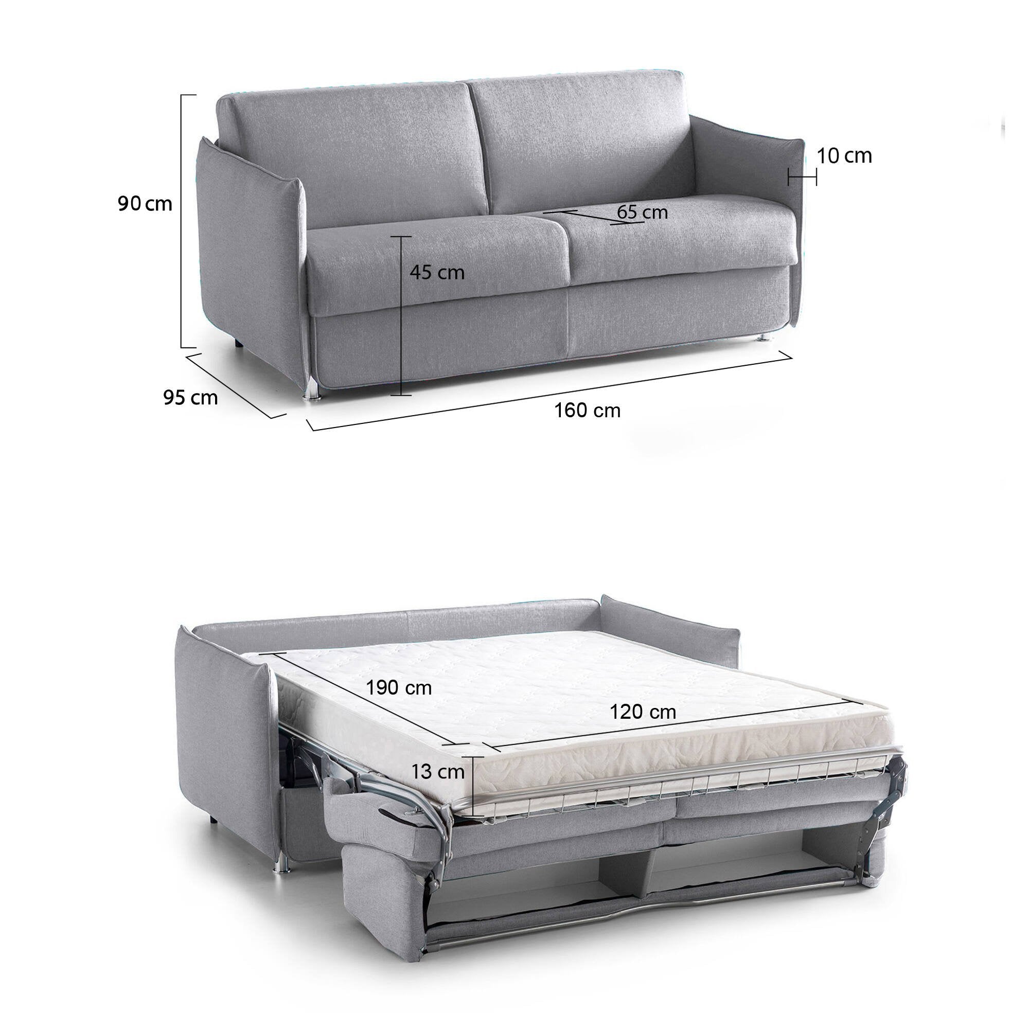 Divano letto 2 posti Verceia, Sofà trasformabile per salotto, imbottito, sfoderabile, Qualità 100% Made in Italy, 160x95 h90 cm, Grigio