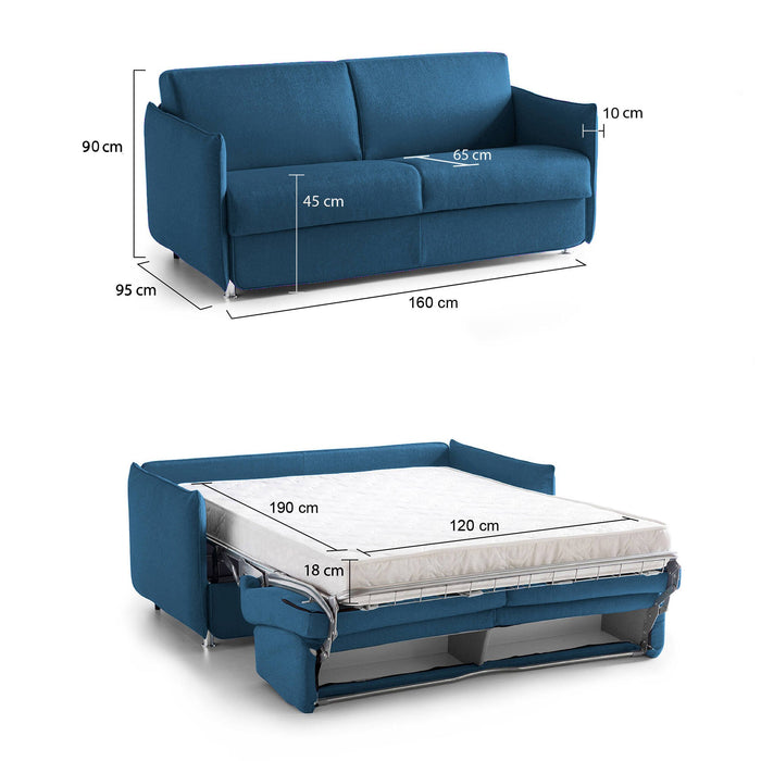 Divano letto 2 posti Follina, Sofà trasformabile per salotto, imbottito, sfoderabile, Qualità 100% Made in Italy, 160x95 h90 cm, Blu
