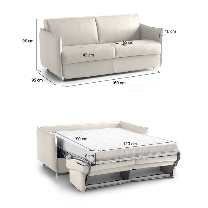 Divano letto 2 posti Follina, Sofà trasformabile per salotto, imbottito, sfoderabile, Qualità 100% Made in Italy, 160x95 h90 cm, Beige