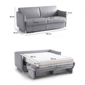 Divano letto 2 posti Follina, Sofà trasformabile per salotto, imbottito, sfoderabile, Qualità 100% Made in Italy, 160x95 h90 cm, Grigio