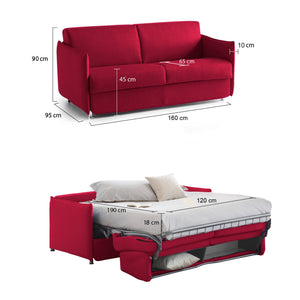 Divano letto 2 posti Follina, Sofà trasformabile per salotto, imbottito, sfoderabile, Qualità 100% Made in Italy, 160x95 h90 cm, Rosso