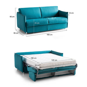 Divano letto 2 posti Follina, Sofà trasformabile per salotto, imbottito, sfoderabile, Qualità 100% Made in Italy, 160x95 h90 cm, Azzurro