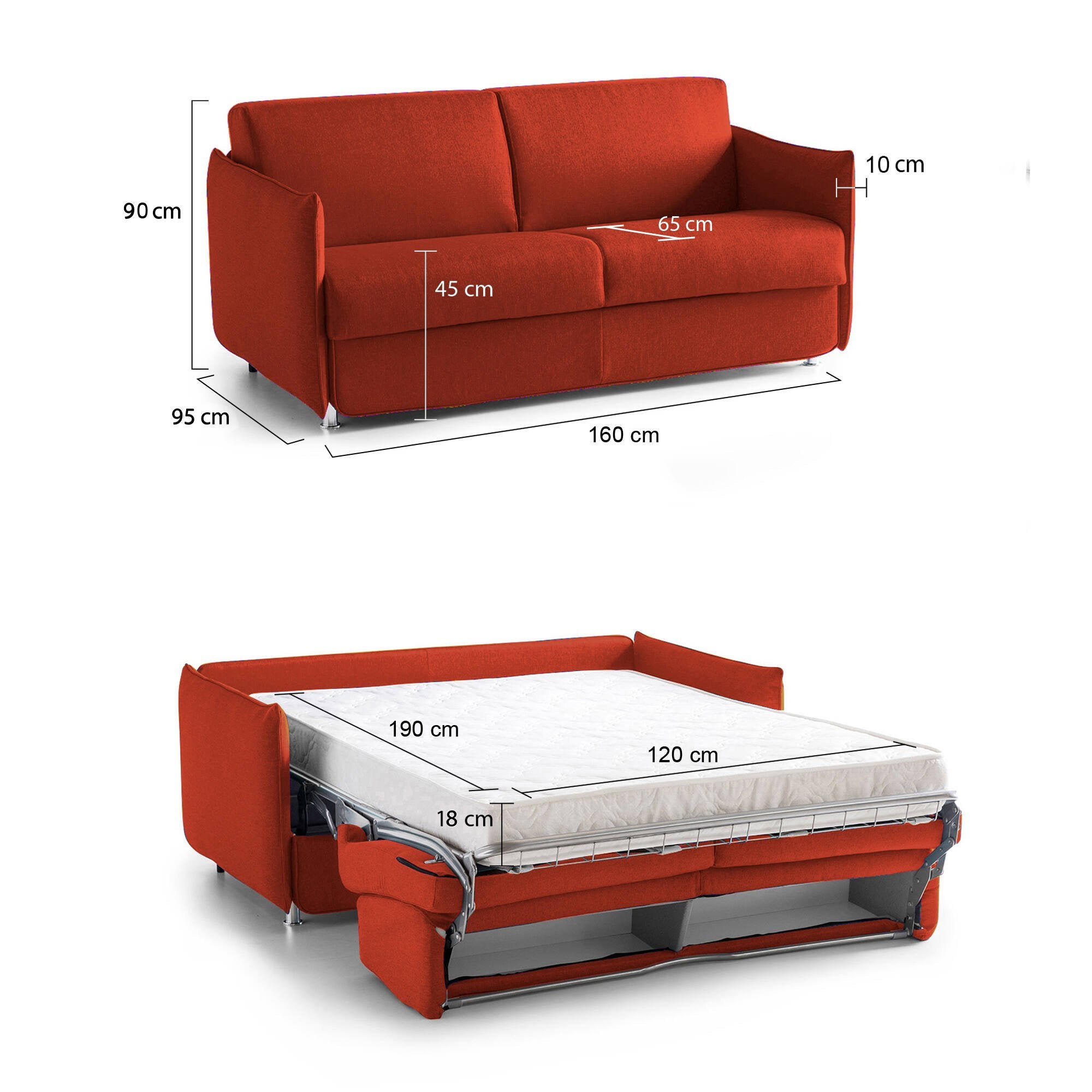 Divano letto 2 posti Follina, Sofà trasformabile per salotto, imbottito, sfoderabile, Qualità 100% Made in Italy, 160x95 h90 cm, Arancione