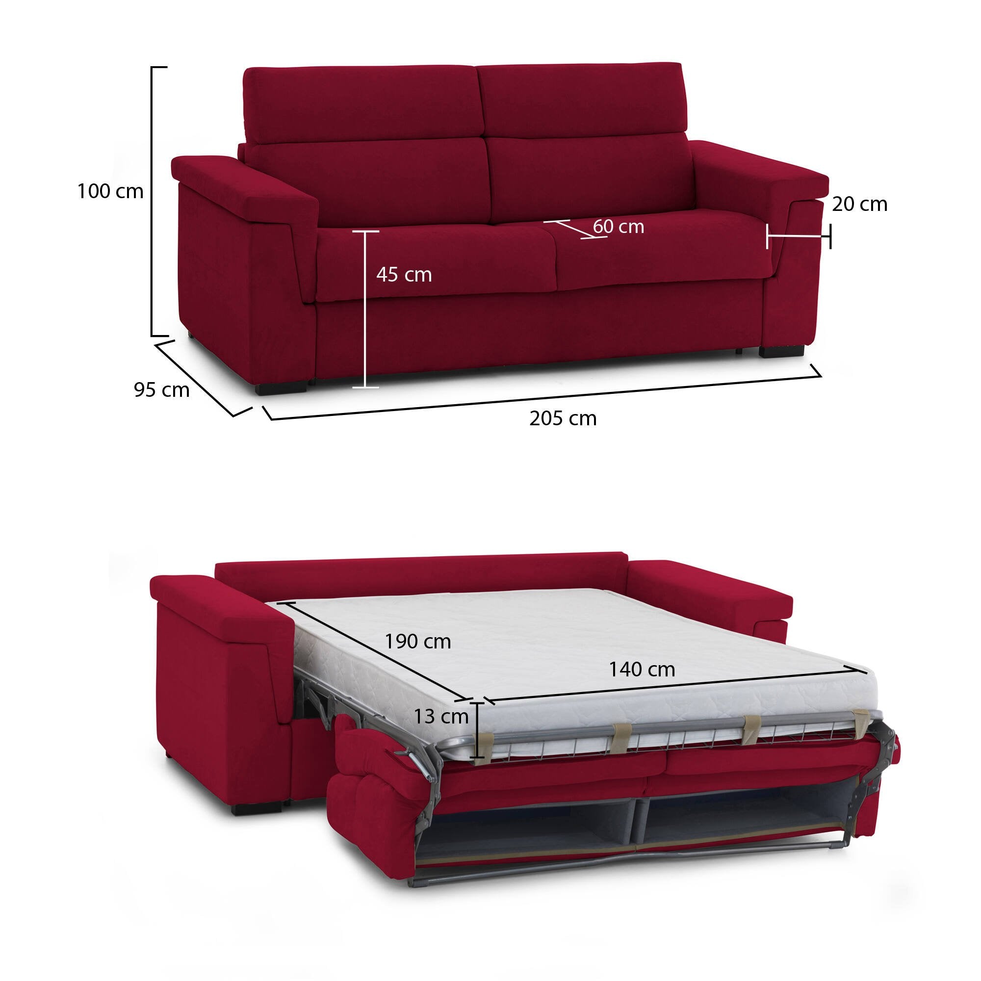 Divano letto 2 posti Biscossi, Sofà trasformabile per salotto, imbottito, sfoderabile, Qualità 100% Made in Italy, 205x95 h100 cm, Rosso