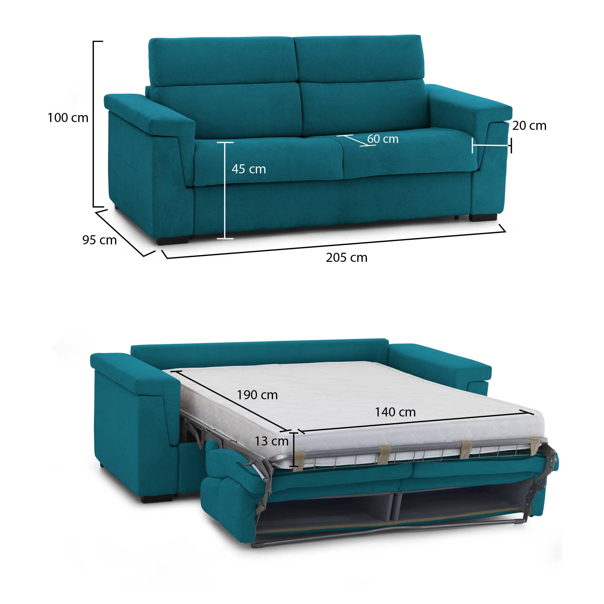 Divano letto 2 posti Biscossi, Sofà trasformabile per salotto, imbottito, sfoderabile, Qualità 100% Made in Italy, 205x95 h100 cm, Azzurro