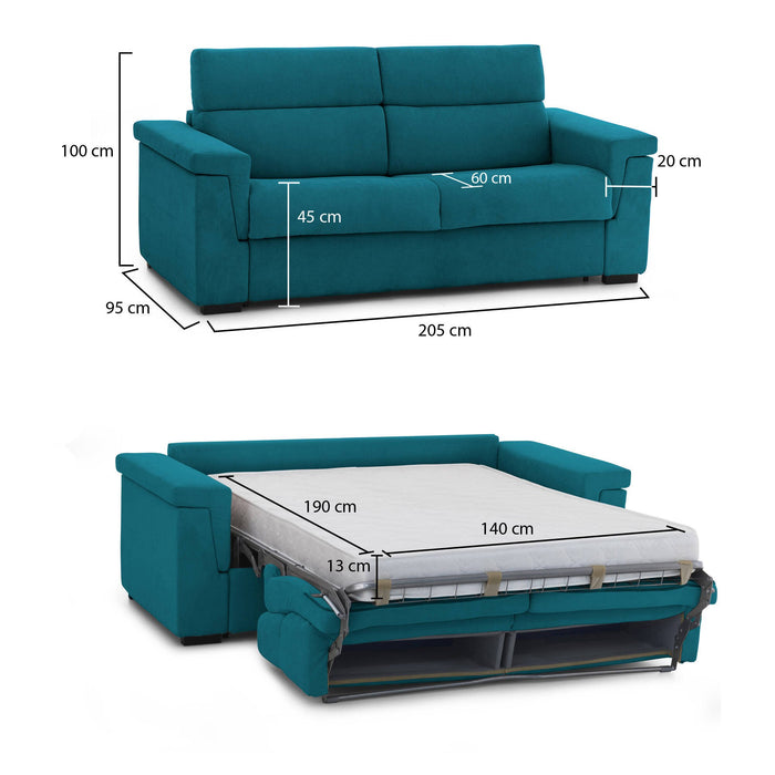 Divano letto 2 posti Biscossi, Sofà trasformabile per salotto, imbottito, sfoderabile, Qualità 100% Made in Italy, 205x95 h100 cm, Azzurro