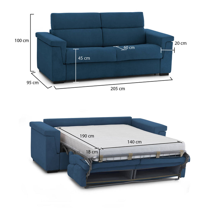 Divano letto 2 posti Brusasco, Sofà trasformabile per salotto, imbottito, sfoderabile, Qualità 100% Made in Italy, 205x95 h100 cm, Blu