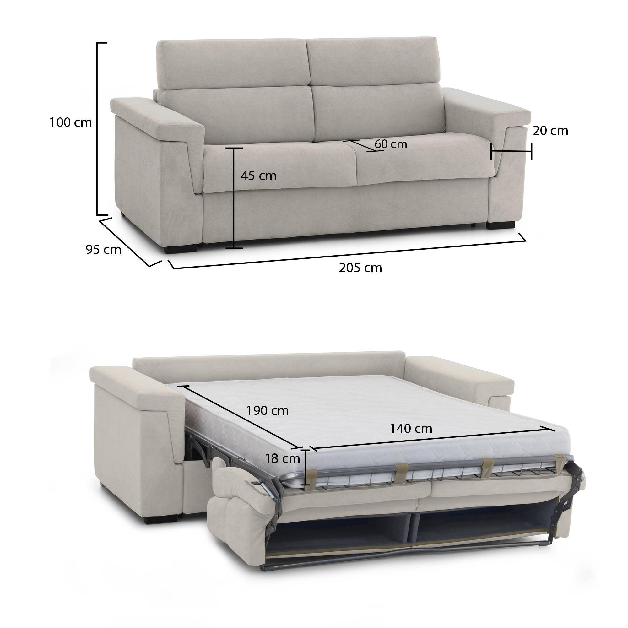 Divano letto 2 posti Brusasco, Sofà trasformabile per salotto, imbottito, sfoderabile, Qualità 100% Made in Italy, 205x95 h100 cm, Beige