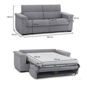 Divano letto 2 posti Brusasco, Sofà trasformabile per salotto, imbottito, sfoderabile, Qualità 100% Made in Italy, 205x95 h100 cm, Grigio