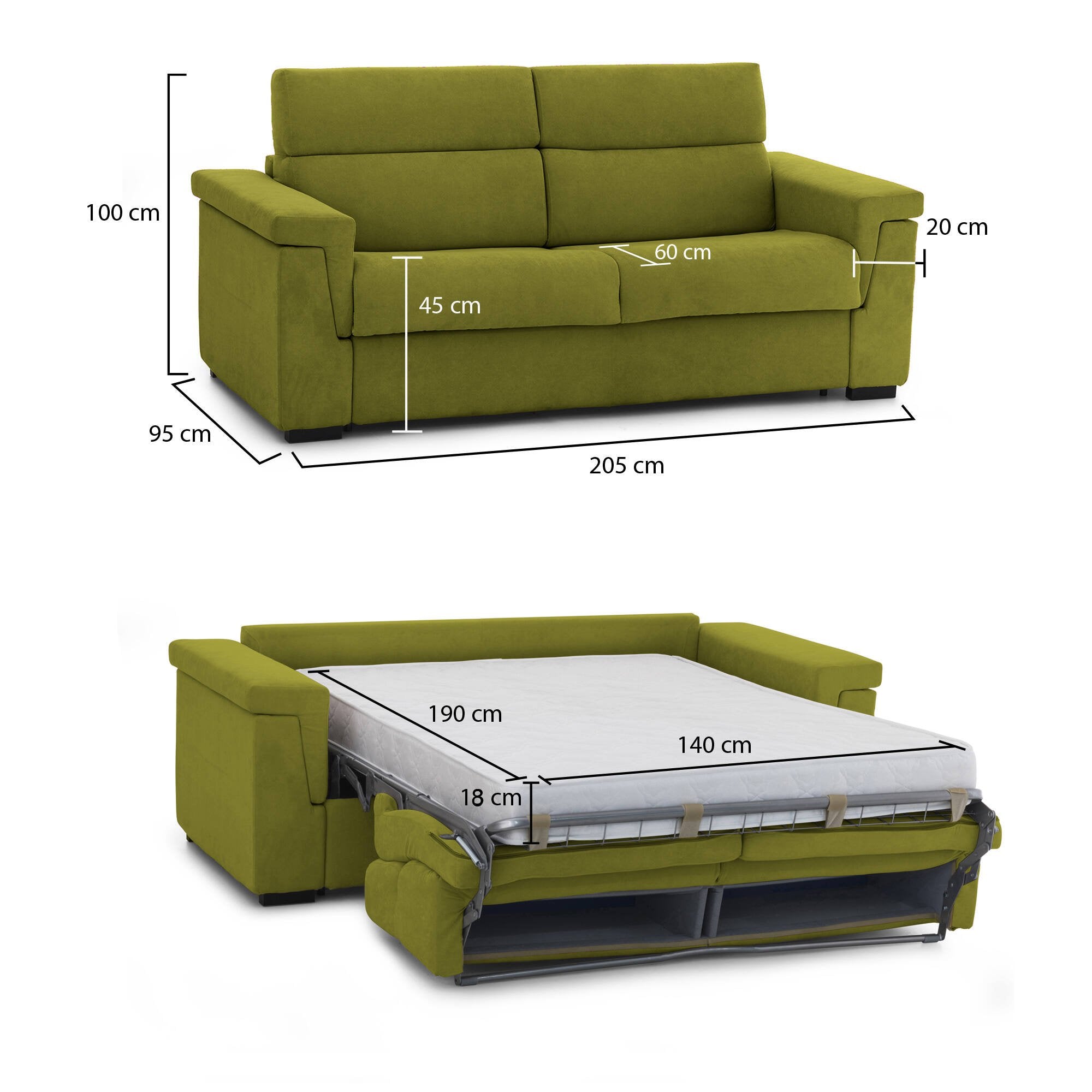 Divano letto 2 posti Brusasco, Sofà trasformabile per salotto, imbottito, sfoderabile, Qualità 100% Made in Italy, 205x95 h100 cm, Verde