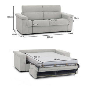 Divano letto 2 posti Brusasco, Sofà trasformabile per salotto, imbottito, sfoderabile, Qualità 100% Made in Italy, 205x95 h100 cm, Grigio chiaro