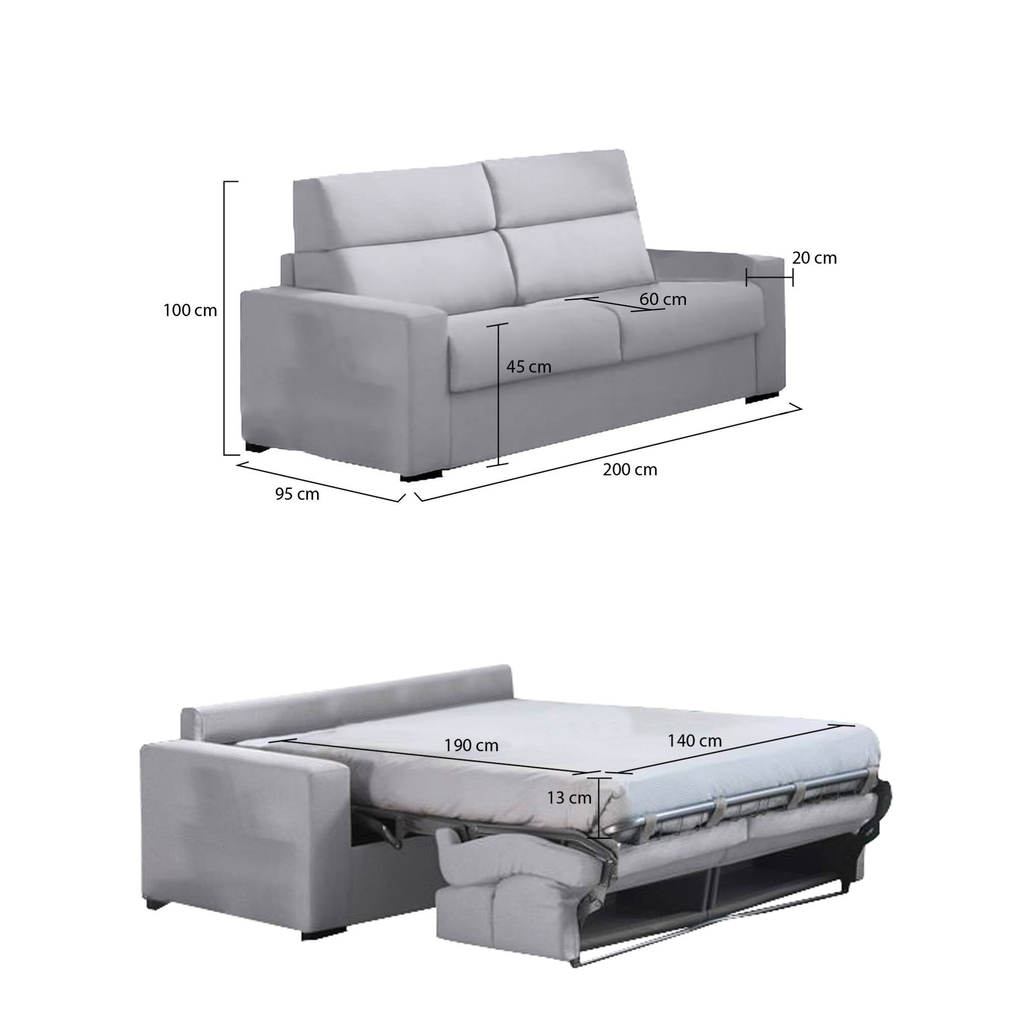Divano letto 2 posti Sonico, Sofà trasformabile per salotto, imbottito, sfoderabile, Qualità 100% Made in Italy, 200x95 h100 cm, Grigio