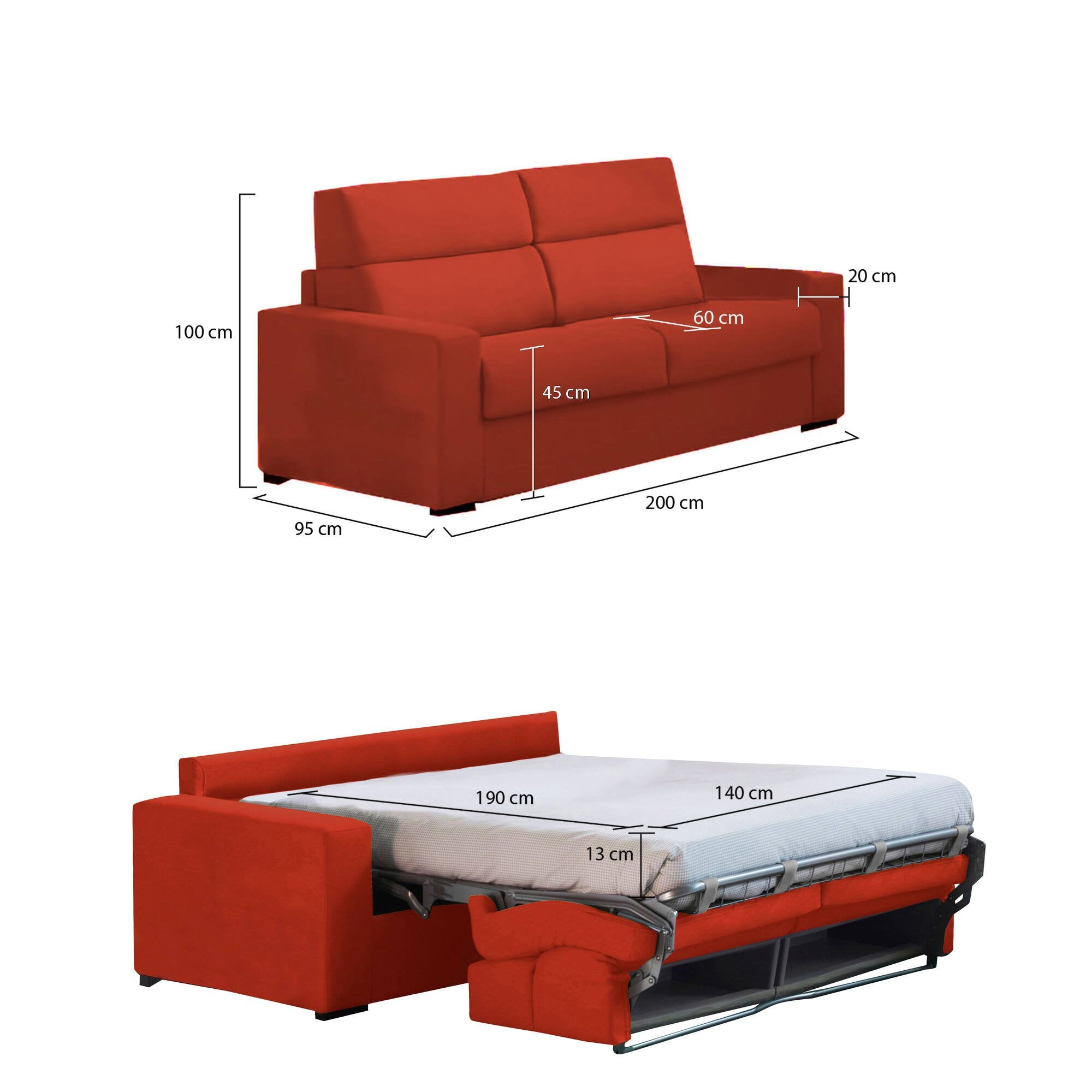 Divano letto 2 posti Sonico, Sofà trasformabile per salotto, imbottito, sfoderabile, Qualità 100% Made in Italy, 200x95 h100 cm, Arancione