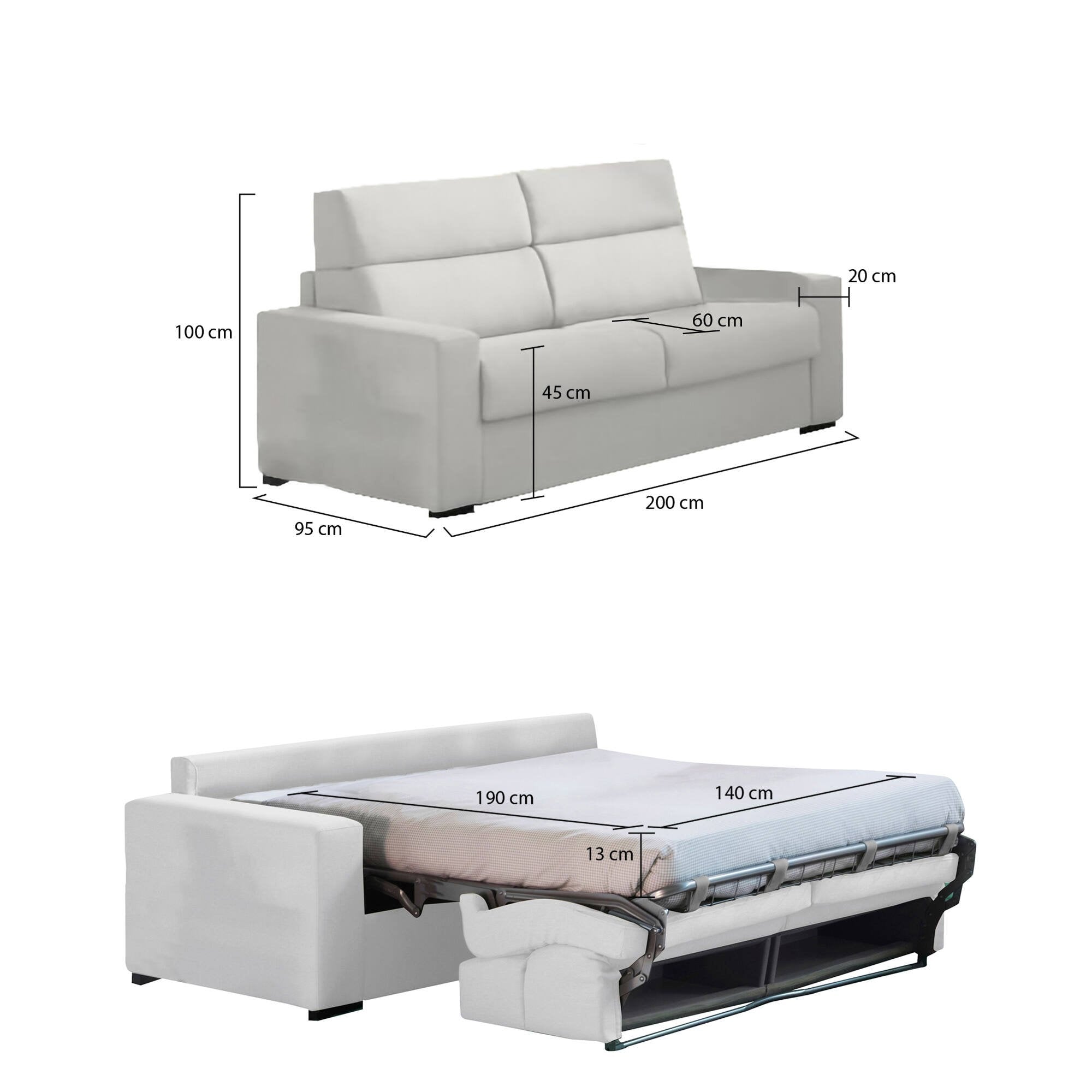 Divano letto 2 posti Sonico, Sofà trasformabile per salotto, imbottito, sfoderabile, Qualità 100% Made in Italy, 200x95 h100 cm, Grigio chiaro