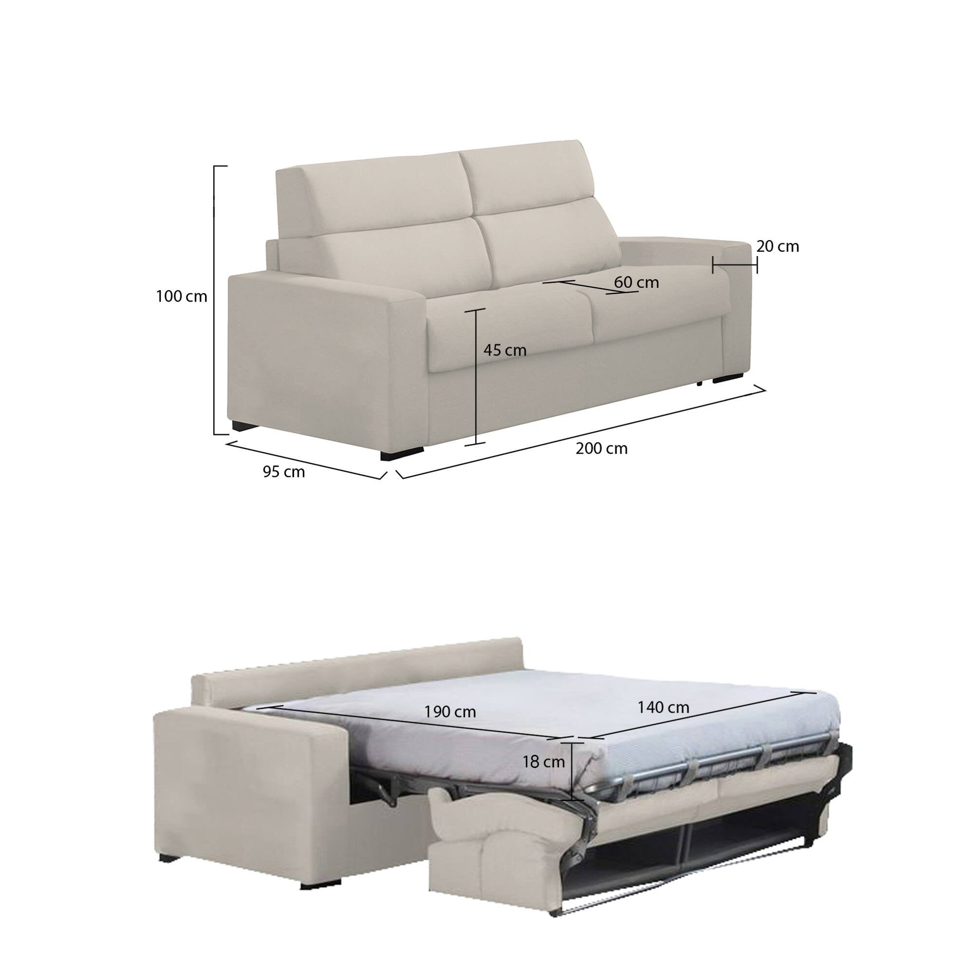 Divano letto 2 posti Ecate, Sofà trasformabile per salotto, imbottito, sfoderabile, Qualità 100% Made in Italy, 200x95 h100 cm, Beige