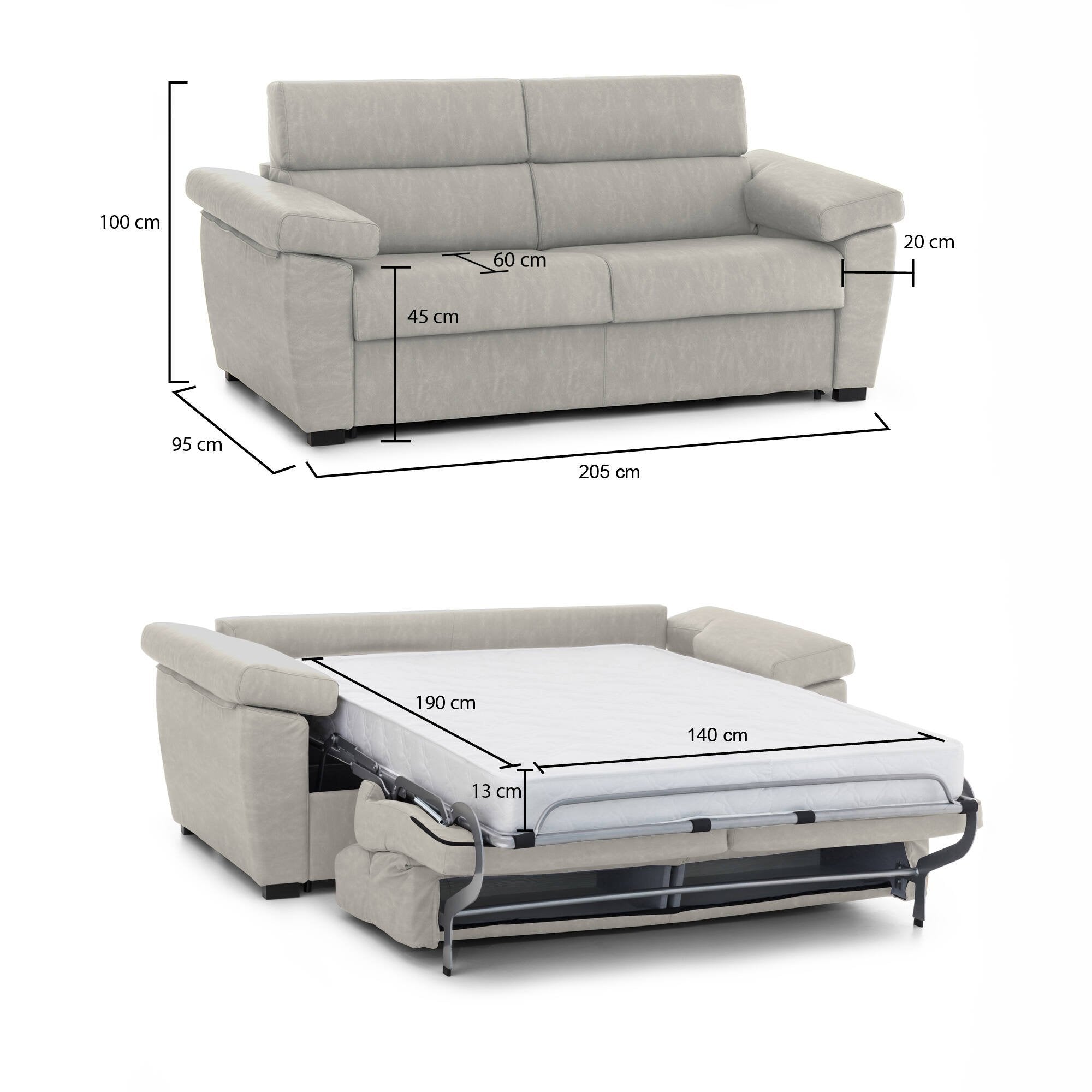 Divano letto 2 posti Fisciano, Sofà trasformabile per salotto, imbottito, sfoderabile, Qualità 100% Made in Italy, 205x95 h100 cm, Beige