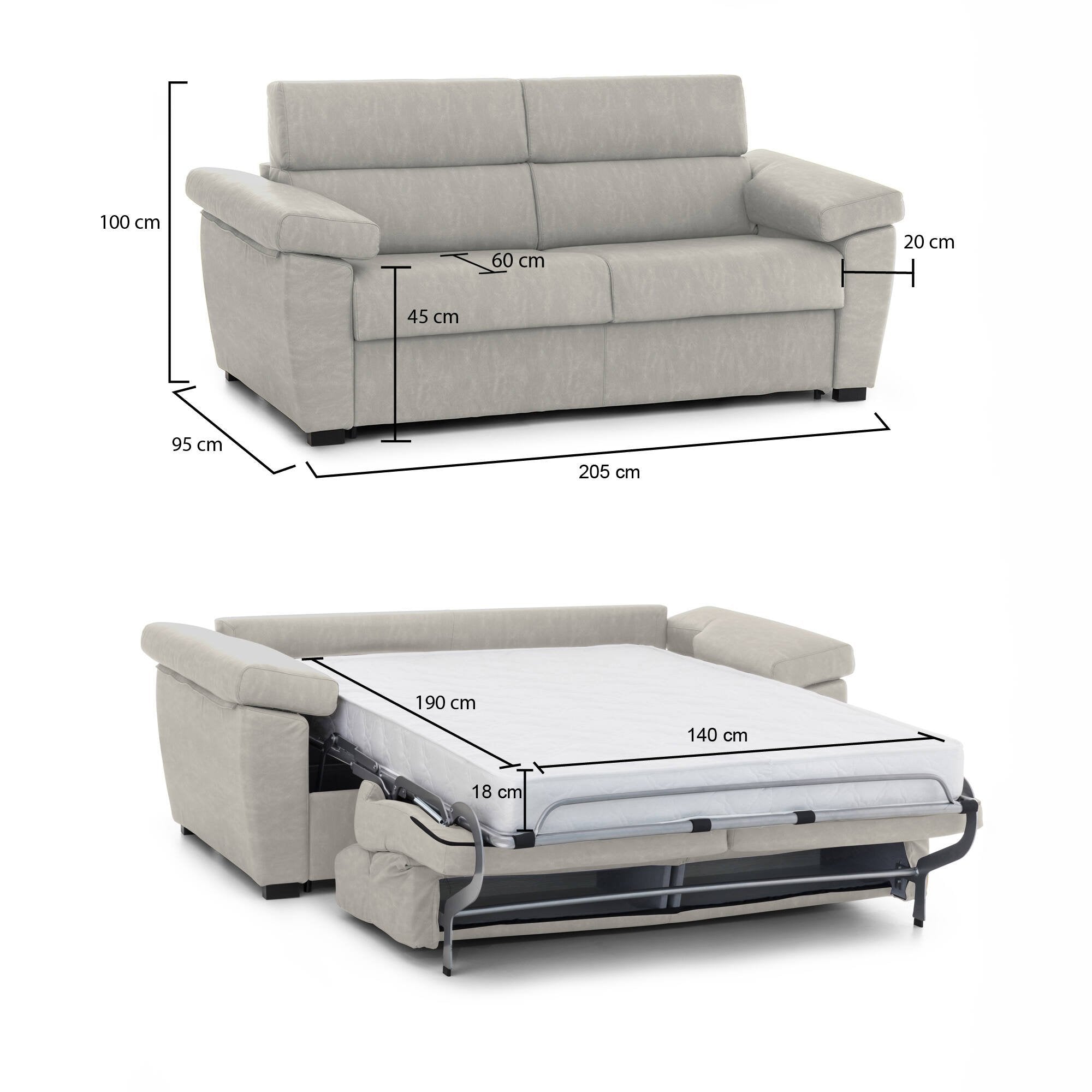 Divano letto 2 posti Contrada, Sofà trasformabile per salotto, imbottito, sfoderabile, Qualità 100% Made in Italy, 205x95 h100 cm, Beige