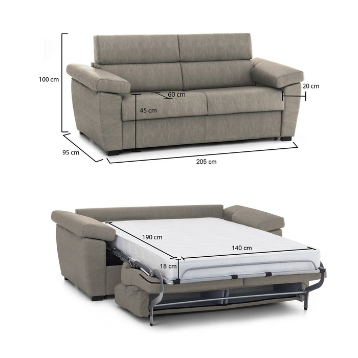 Divano letto 2 posti Contrada, Sofà trasformabile per salotto, imbottito, sfoderabile, Qualità 100% Made in Italy, 205x95 h100 cm, Tortora
