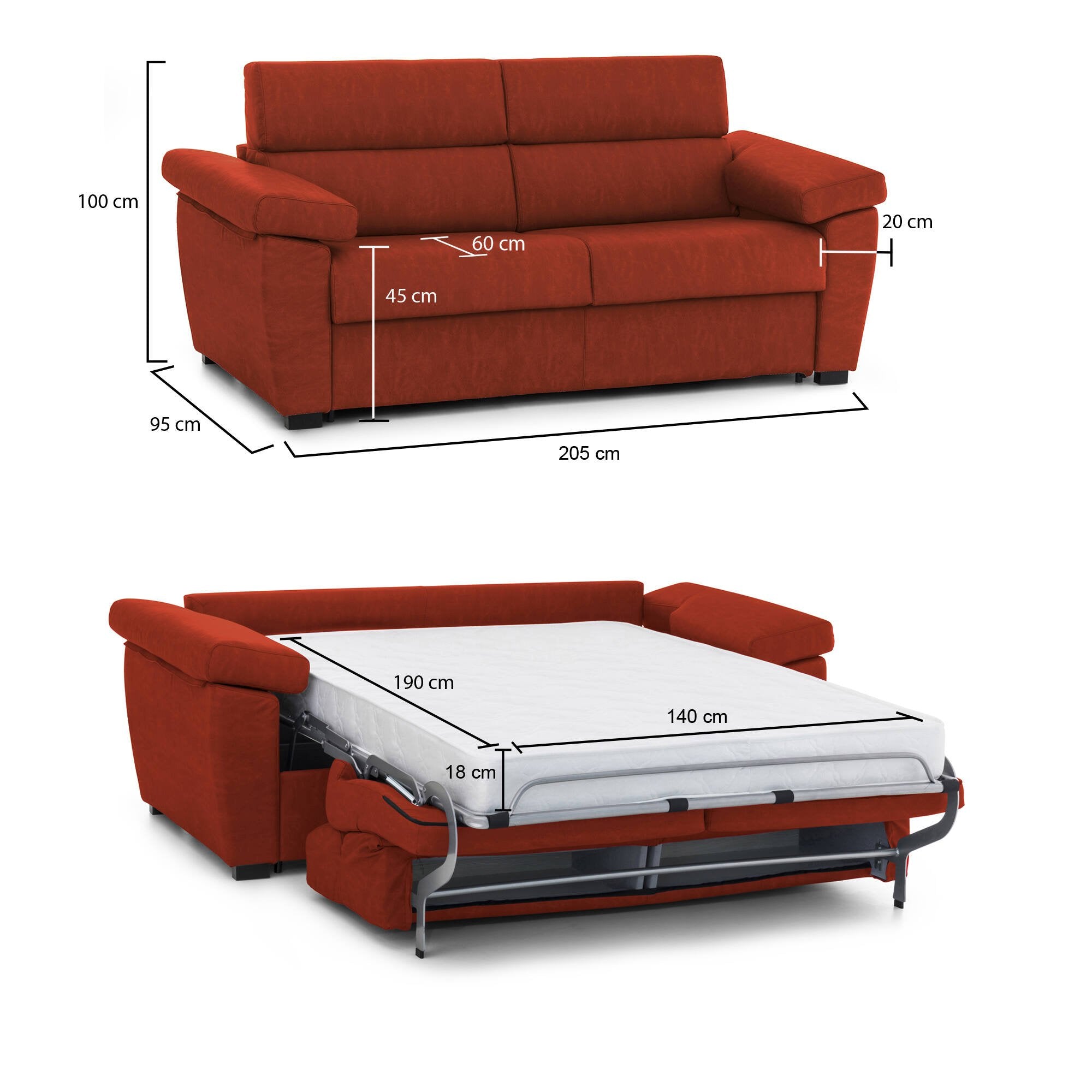 Divano letto 2 posti Contrada, Sofà trasformabile per salotto, imbottito, sfoderabile, Qualità 100% Made in Italy, 205x95 h100 cm, Arancione